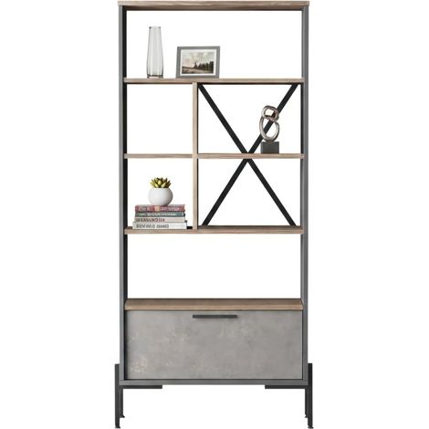 Libreria Fabrice, Biblioteca 4 Ripiani, Un'anta, Installazione a Terra, 76x45x161h cm Marrone