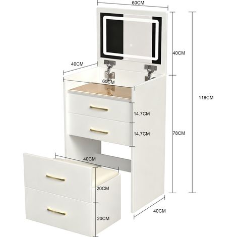 Coiffeuse 3-en-1 miroir ouvert, table de maquillage compacte avec plateau verre trempé, bureau d'angle à 3 tiroirs, meuble de chambre moderne, dimensions : L 60/H 118/P 40 cm. (1/5)