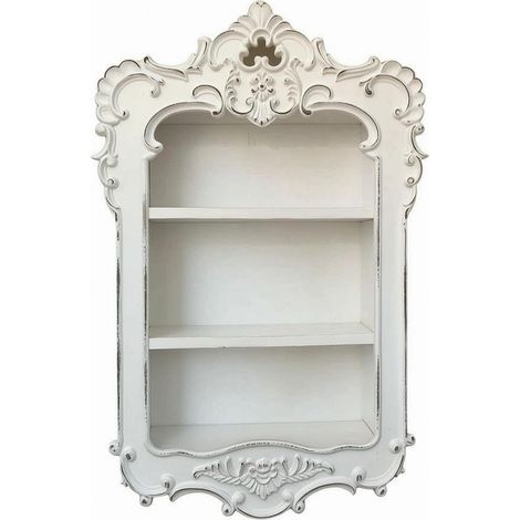 Decorative Wall Shelf, Bookshelf, Storage Unit, Carved Wooden Frame with Three-Tier Niche and Aged Finish, Baroque Style, Retro White (1/5)