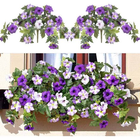 Lot de 2 plantes ipomée artificielles suspendues, fleurs réalistes résistantes aux UV et aux intempéries, décoration extérieure pour jardin et balcon, Violet (1/5)