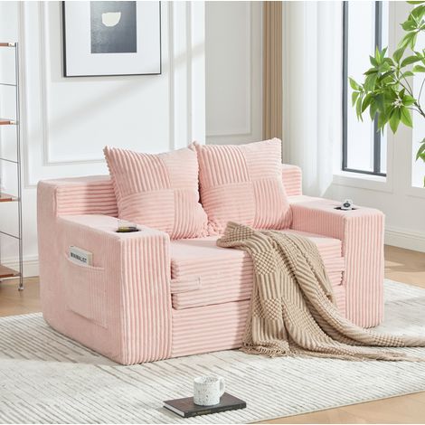 Canapé-lit double en velours côtelé rose avec 2 coussins, porte-gobelet et poches latérales (1/5)