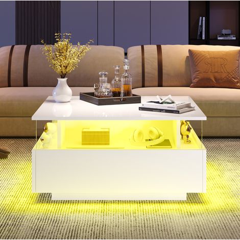 Table basse en panneaux de particules blanc brillant 70 x 70 cm avec LED et 2 tiroirs (1/5)