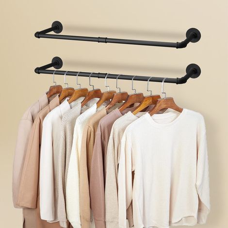 UNHO Barra Perchero de Pared Industrial Juego de 2 Colgador para Ropa de Tubo Vintage Negro (1/5)