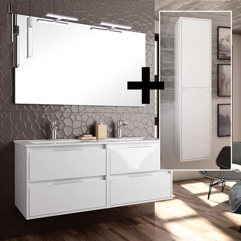Ensemble meuble de salle de bain 120cm double vasque + colonne de rangement - blanc - IRIS (1/5)