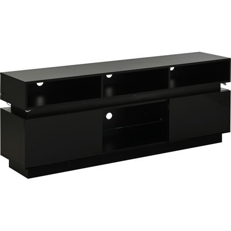 TV Lowboard mit 2 Türen, 10 Fächern und LED für Wohnzimmer, aus MDF und Hartglas, Schwarz, 160 × 35 × 60 cm (1/5)