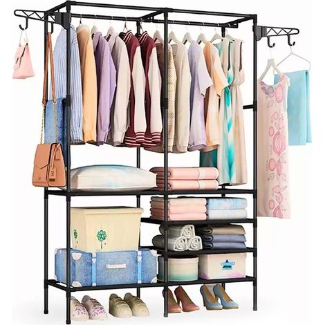 Portant à vêtements double avec 6 étagères de rangement, structure en acier durable, avec 2 crochets suspendus extensibles, idéal pour une entrée, un coin ou une chambre. (1/3)