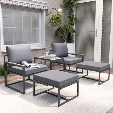 Stahl Gartenmöbel Set 2 Personen wetterfest Balkonmöbel-Set mit 2 Sessel Sitzkissen Beistelltisch Grau
