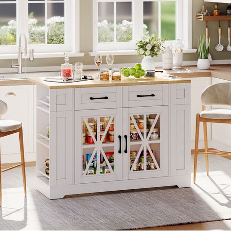 Îlot de cuisine 120/40(65)/92 cm blanc et naturel avec plateau relevable, prises USB et roulettes (1/5)