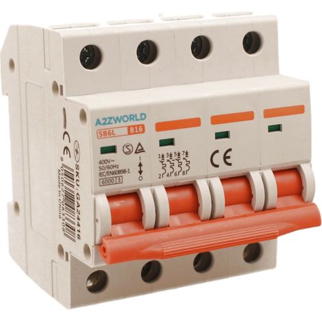 MCB Interruttore Magnetotermico Automatico Curva B 4P 4M 6000A AC 400V IP20 SB6L, Corrente Disponibili 10A 16A 20A 25A 32A 40A 50A 63A  (B16A)