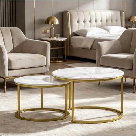 Tavolino basso rotondo impilabile 2 pezzi, bianco e oro, Ø 74 x 46,3 cm / Ø 59 x 38,5 cm DESVIAE (1/5)