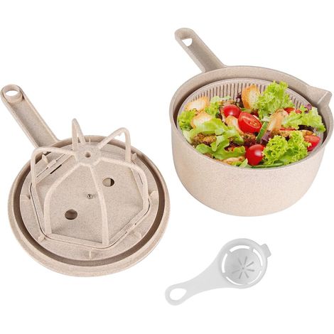 Essoreuse à salade progressive avec long manche, bol mélangeur à salade avec fouet pour laver les légumes, les fruits, le riz, etc. (Beige)