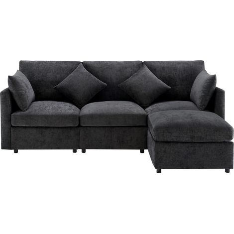 Divano angolare modulare a L in ciniglia grigia con pouf mobile e 4 cuscini MODENUIT (1/5)