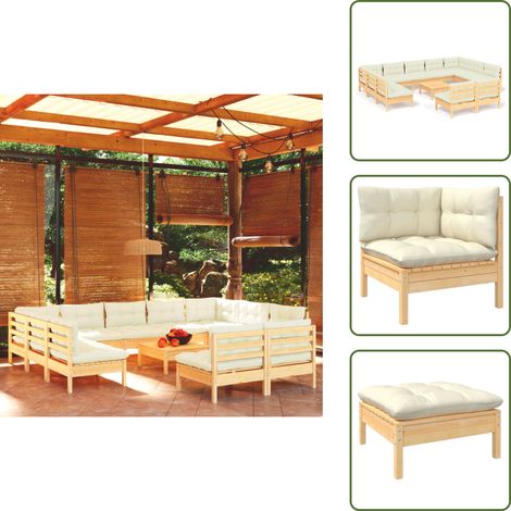12-tlg. Garten-Lounge-Set mit Creme Kissen Massivholz Kiefer - Gartenzubehör - Lounge Set - Gartenmöbel - Outdoor Möbel - Kiefernholz (1/5)