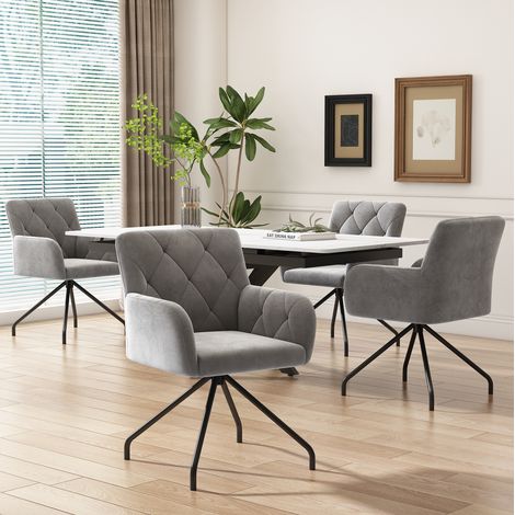 Sillas de comedor, lote de 4, terciopelo gris claro, con reposabrazos y patas metálicas DESVIAE (1/5)