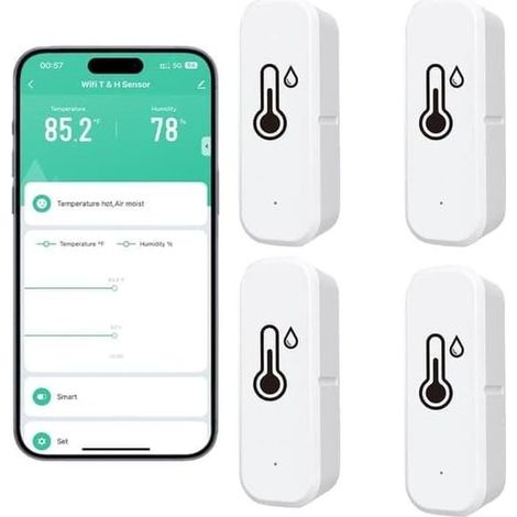 Lot de 4 thermomètres et hygromètres sans fil – Appareils intelligents de mesure de la température et de l'humidité par Wi-Fi avec application, notifications et surveillance à distance (blanc) (1/5)
