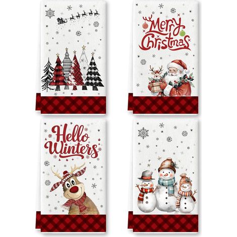 Lot de 4 Torchons de Noël, Torchon Vaisselle de Noël 60x40cm, Décoration Torchon Cuisine Noel, Noel Torchons de Cuisine, Christmas Cuisines Vaisselle Essuie, pour Décoration de de Bain, Cuisines (1/5)