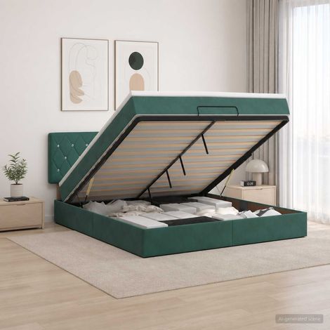 vidaXL Lit ottoman avec matelas Vert foncé 140 x 200 cm Velours (1/5)
