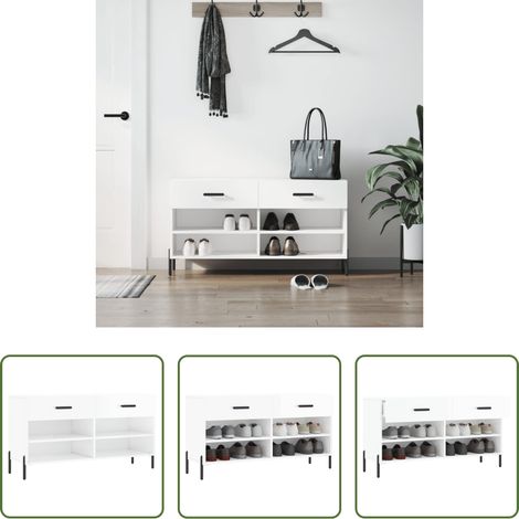 vidaXL Bois d'ingénierie - Banc à chaussures blanc brillant 102x35x55 cm bois d'ingénierie (1/5)