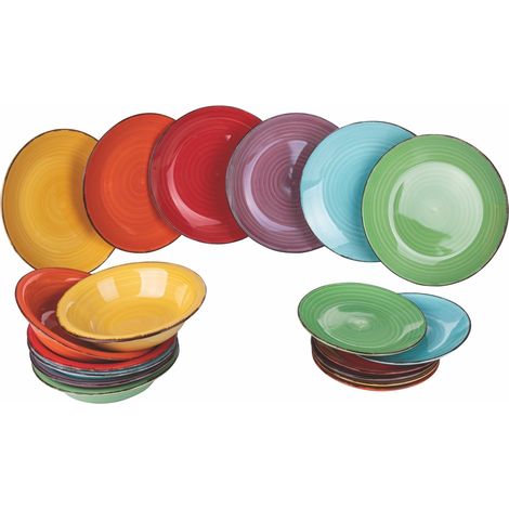 VDE TIVOLI 1996 5971740 Baita Servizio Tavola 18 Pezzi in Gres Dipinto a Mano 6 Posti Tavola Piatti Piani 27 cm Fondi 21 cm Frutta 19 cm colore Multicolore