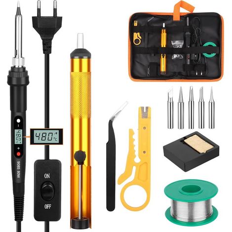 Fer a Souder, 13 en 1 Fer à Souder 80W Température Réglable 180-520°C, Fer a Souder Electronique de Precision 5 Conseils de Soudage, Pompe à Dessouder, Support De Fer à Souder (1/5)