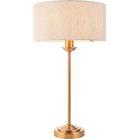 Endon Highclere Lampe de table avec abat-jour rond en laiton vintage, lin naturel, 1x E14 (1/5)