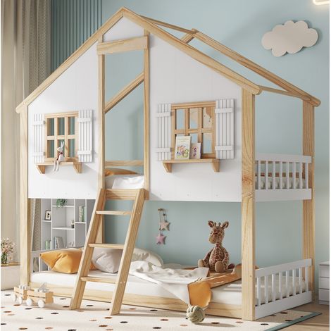 Kinder-Etagenbett 90x200 mit Dach und Fenster Weiß Natur OKMYHOME (1/5)