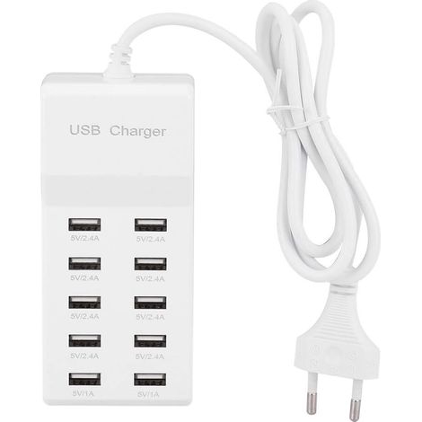 Caricabatterie USB a 10 porte, caricabatterie rapido intelligente per telefoni cellulari, tablet, cuffie, con tecnologia di identificazione intelligente, bianco, per la vita (spina UE) (1/5)