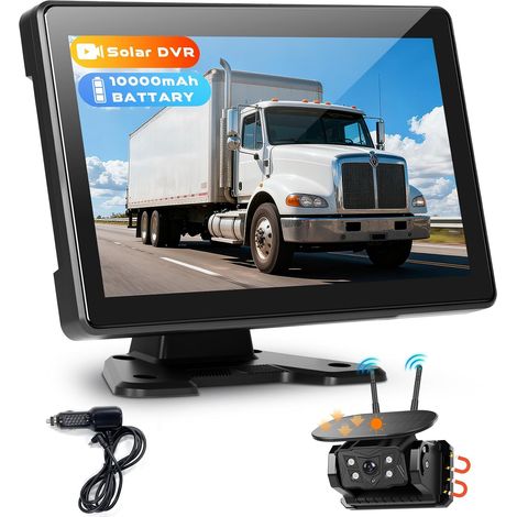 sans Fil Caméra de Recul Solaire, Ecran Tactile IPS 10,1 Pouces Moniteur avec Enregistrement en Boucle, Kit de Caméra Recul 10000 mAh avec BSD, Vision Nocturne, Etanche, Type-C, Ligne Recul (1/5)