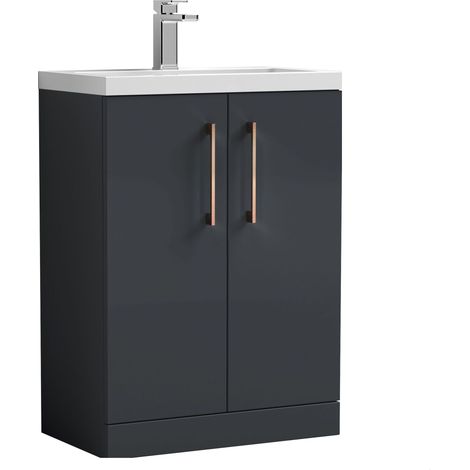 Balterley Bramshall Compact Bathroom Cloakroom Vanity Basin Unit with Ceramic Basin, Brushed Bronze Handles, 600mm, Satin Dark Grey (1/4)