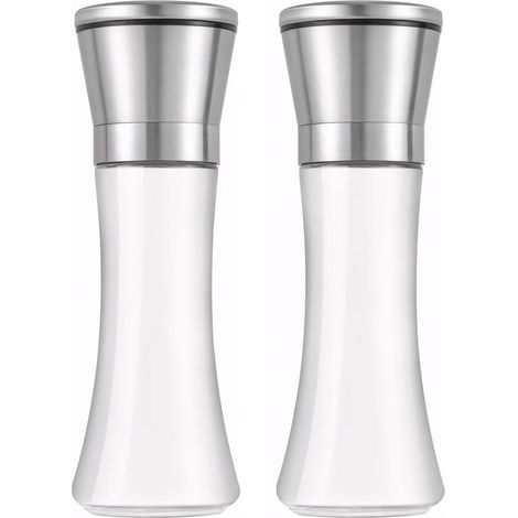 Set aus 2 hochwertigen Salz- und Pfeffermühlen aus Glas und Edelstahl mit manuell verstellbarem Keramikmahlwerk für Pfeffer, Salz und Gewürze. Inhalt nicht enthalten.