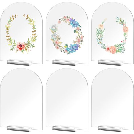 Lot de 6 Panneaux en Arc de Cercle, Plaques Acryliques Transparentes Bombés avec Support pour Cartes de Nom, Numéros de Table et Décoration