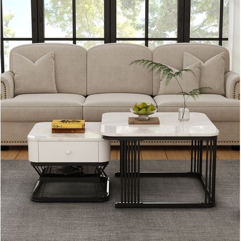 Set de 2 tables basses 70x70x45 cm et 50x50x40 cm blanc et noir en MDF, verre et métal avec tiroir (1/5)