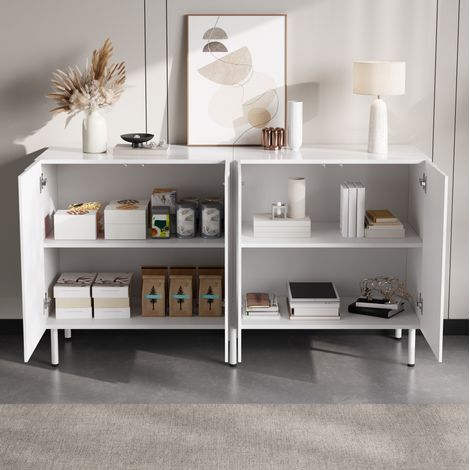 Sideboard blanc à portes courbes 3D sans poignée, 140 x 40 x 77,5 cm, PB et MDF (1/5)