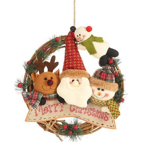 corona navideña con adornos de Papá Noel, muñeco de nieve y reno, de ratán natural, 29 cm, para interior/exterior. (1/5)