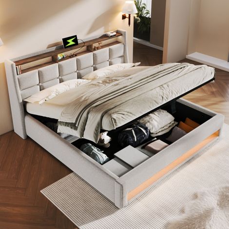 Lit coffre rembourré en lin beige 140x200 cm avec LED, USB et sommier à lattes (1/5)