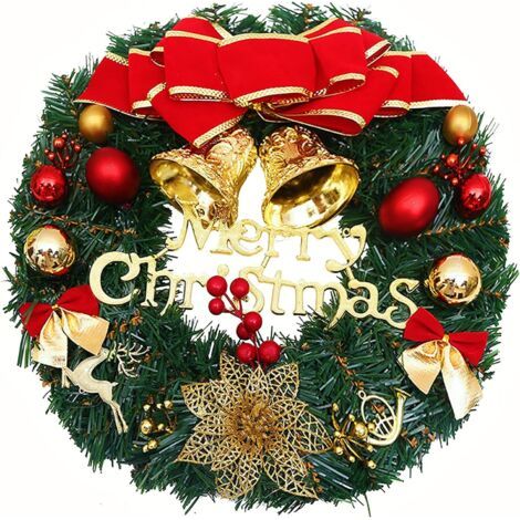 Couronne de Noël 30 cm, Guirlande de Porte avec Boule de Noël Fleur de Noël Bow Berry pour Porte D'entrée, Cheminée et Décoration Murale Intérieur Extérieur- Rouge Vert (1/5)