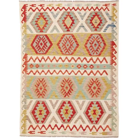 Tapis d'orient 141 x 188 cm, motif ethnique, multicolore, crème et rouge, en laine naturelle, tissé artisanalement (1/5)