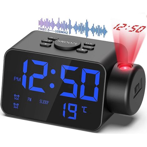 Radio-réveil projecteur de plafond avec projecteur, affichage de la température, deux ports de chargement USB et cadran noir. (1/5)