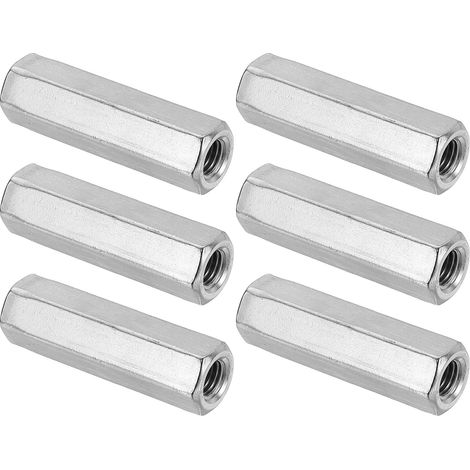 Ecrou Long M10 x 1.5 de Pas Écrou Hexagonal en Acier Inoxydable 304, 6Pcs 60mm/ 2.4" Longueur Raccords de Tige Filetés Grossiers, Écrous de Couplage, Ton Argent (1/5)