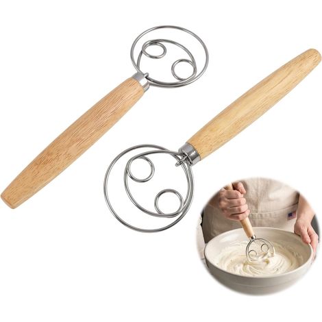 Fouet à Pâte en Acier Inoxydable avec Manche en Bois,Double Spirale, Mélangeur à Pâte pour Pain, Pâte à Pizza, Pâtisserie, Outil de Boulangerie, Mélangeur à Main (1/5)