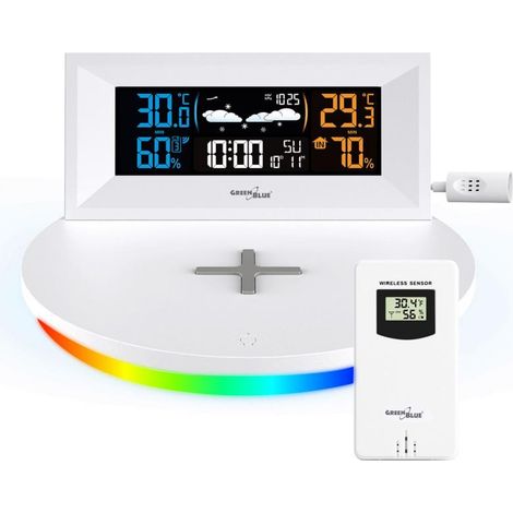GreenBlue Wireless Weather Station with Wireless/Inductive Charger, Clock, Alarm, Calendar, Outdoor Sensor, GB213