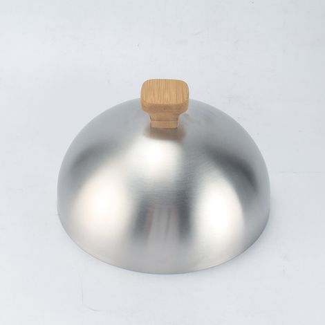 Hotte Cuisine Ronde En Acier Inoxydable 20 Cm, Cloche Alimentaire Anti-éclaboussures Poignée En Bambou, Protection Vapeur Pour Cuisson Steak Et Légumes, Usage Professionnel Et Domestique