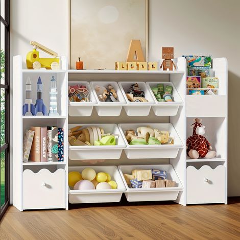 4-in-1 Kinder Bücherregal mit Rädern, 4-Tier Spielzeug-Organizer,Regal mit Schublade, Aufbewahrung für Kinderzimmer, Kita & Spielraum, Weiß