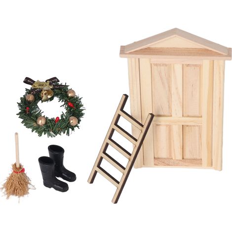 Ensemble miniature pour maison de poupée : porte en forme de sapin de Noël, balai en bois de tilleul, échelle, canne, lampe à huile, tapis. (1/5)