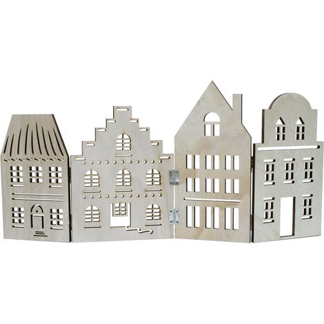 Deko Häuserzeile aus Holz natur - 52 x 24 cm - Weihnachtsdorf Silhouette klappbar - Weihnachtsdeko Tischdeko für Weihnachten Weihnachtsstadt Skyline