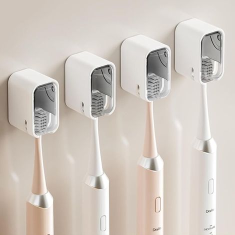4er-Set Wand-Zahnbürstenhalter fürs Badezimmer, stabiler, selbstklebender Zahnbürstenhalter mit Deckel, Zahnbürstenkopf-Organizer für die ganze Familie, Grau (1/4)