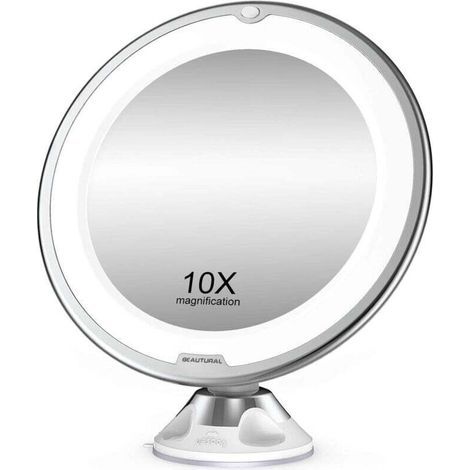 KLVGTIFS PU - Grossissant Miroir Maquillage 10x avec Lumières LED 1 Joint à Bille d'attache Ajustable à 360° Miroir Cosmétique Portable, pour Salle de Bain, Voyage (1/5)