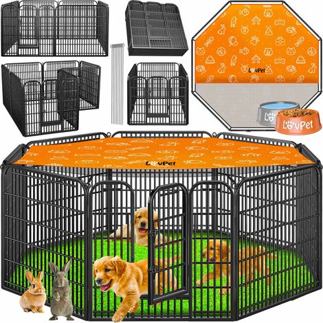 LovPet Welpenlaufstall Freilaufgehege Welpenauslauf Hundelaufstall Tierlaufstall Hunde mit Tür und wetterfester laufstall Für Hund Katze Welpe Grau / XXL (mit Schutzplane) (1/5)