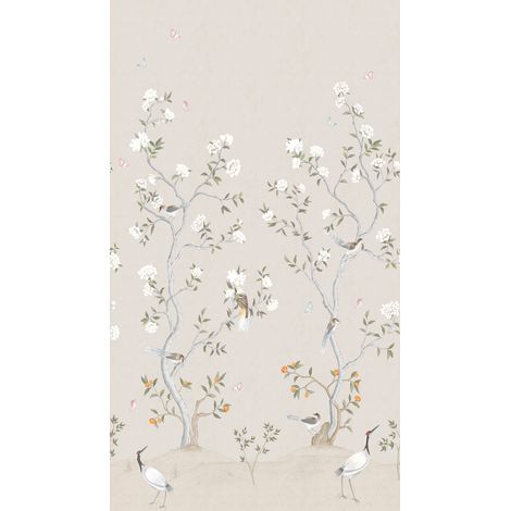 papier peint panoramique fleurs et oiseaux beige et blanc - Sanders & Sanders (1/2)