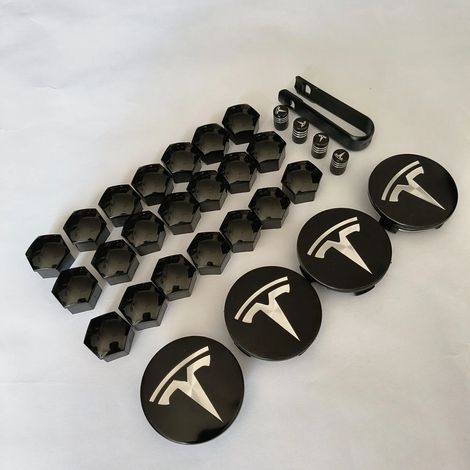 (29 Noir brillant Argent, Chine continentale) - Boîte de 29 pièces compatible avec Tesla Model 3 et Model Y - Kit de conversion de jantes Juniper avec enjoliveurs, cache-moyeux et vis de fixation. (1/5)